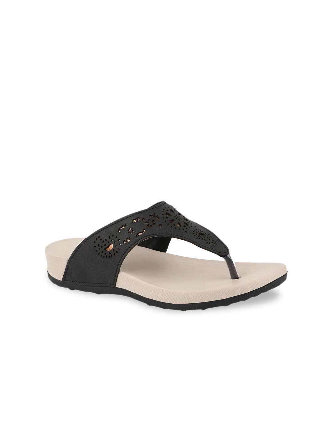 

WELCOME Black & Off White Textured Comfort Sandals with Laser Cuts