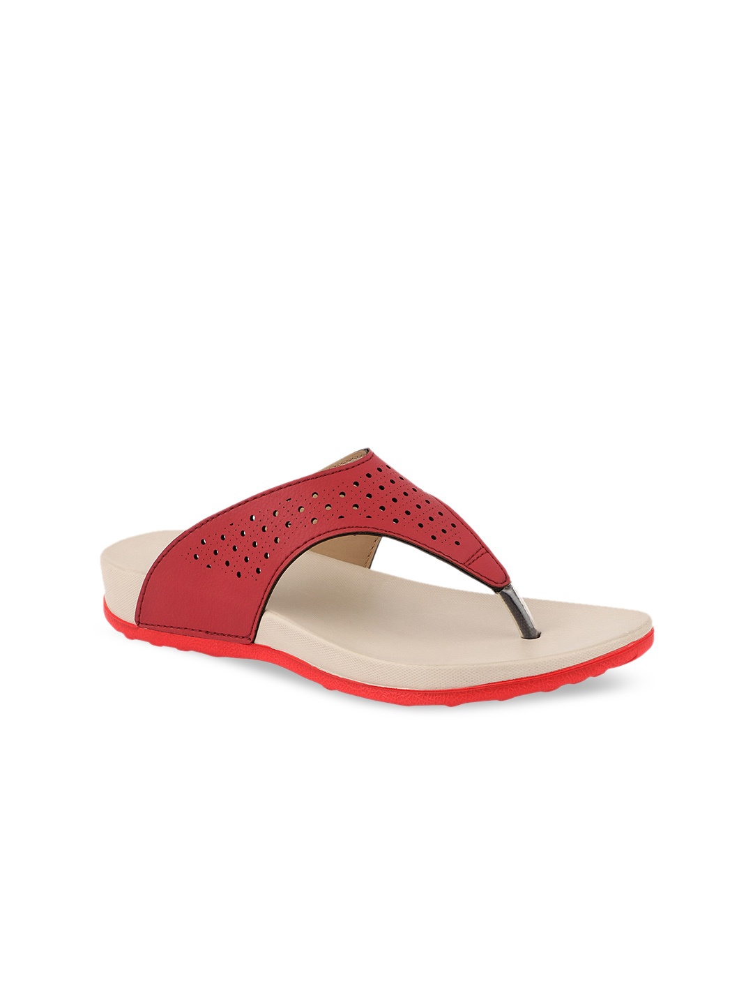 

WELCOME Women Red Ethnic T-Strap Flats with Laser Cuts