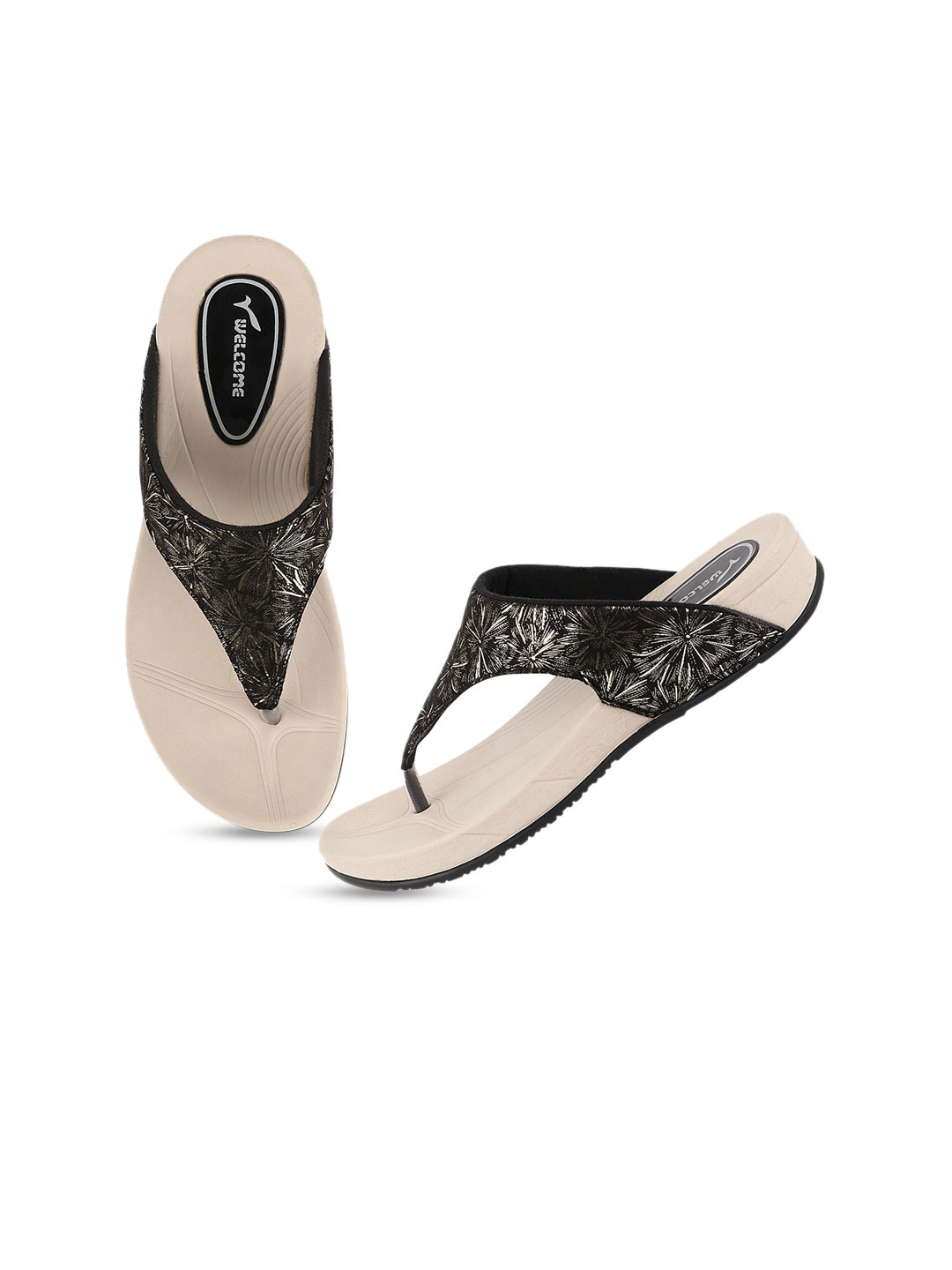 

WELCOME Women Black Printed T-Strap Flats