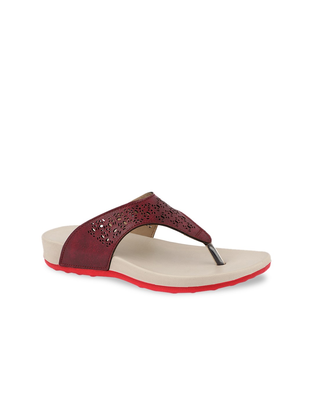 

WELCOME Women Red Textured T-Strap Flats with Laser Cuts