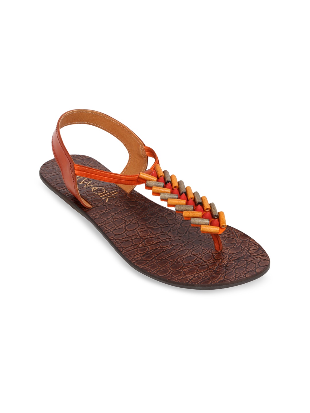 

Catwalk Women Orange Embellished Leather T-Strap Flats