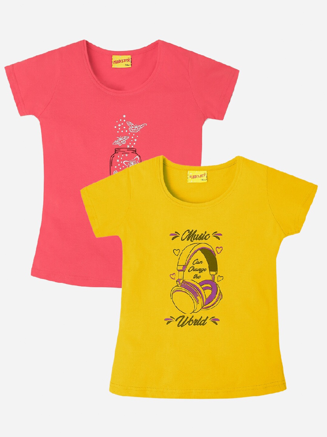 

Punkster Girls Coral & Yellow Pack Of 2 Printed T-shirt