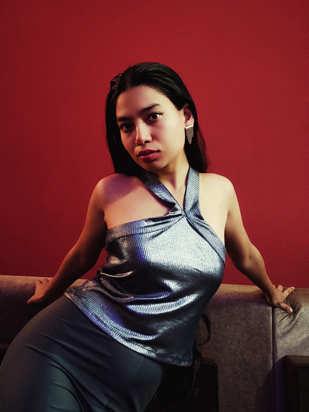 

Tokyo Talkies Women Silver-Toned Halter Neck Crop Top
