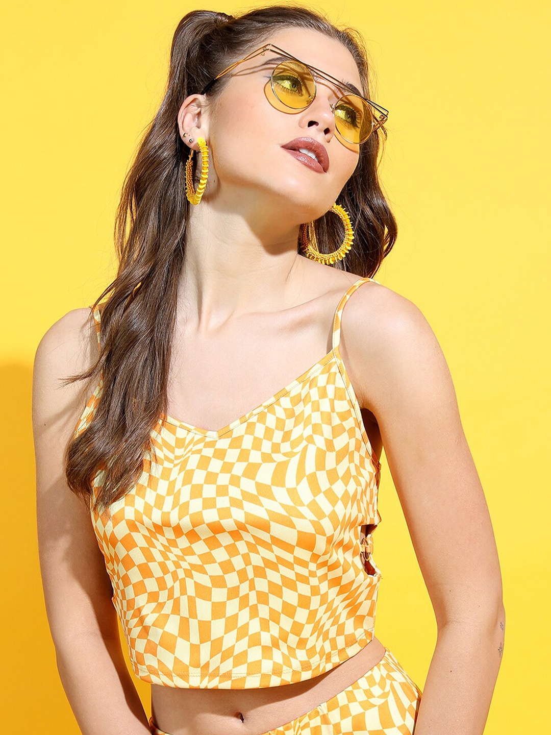 

Tokyo Talkies Yellow & White Geometric Print Crop Top