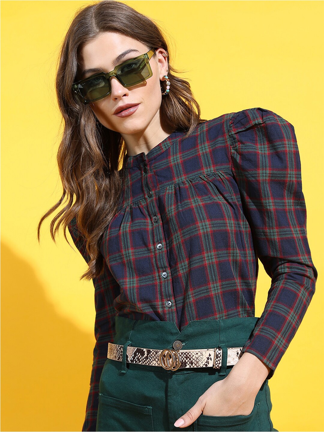 

Tokyo Talkies Navy Blue Checked Mandarin Collar Pure Cotton Shirt Style Top