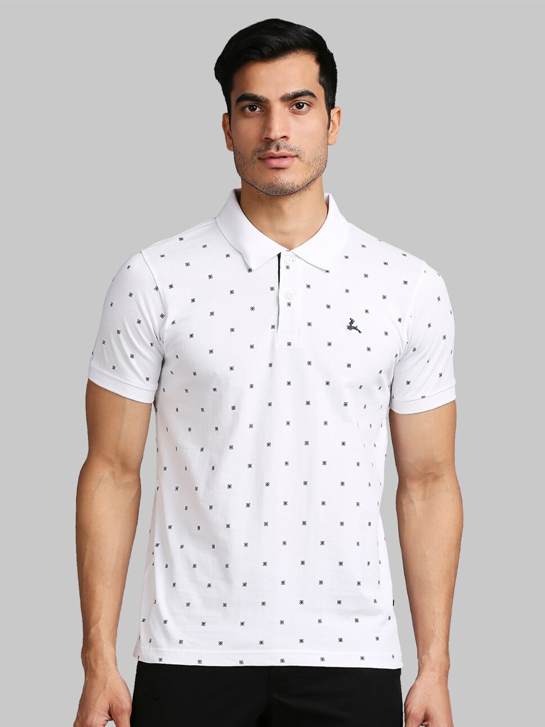 

Parx Men White & Black Printed Polo Collar Cotton T-shirt