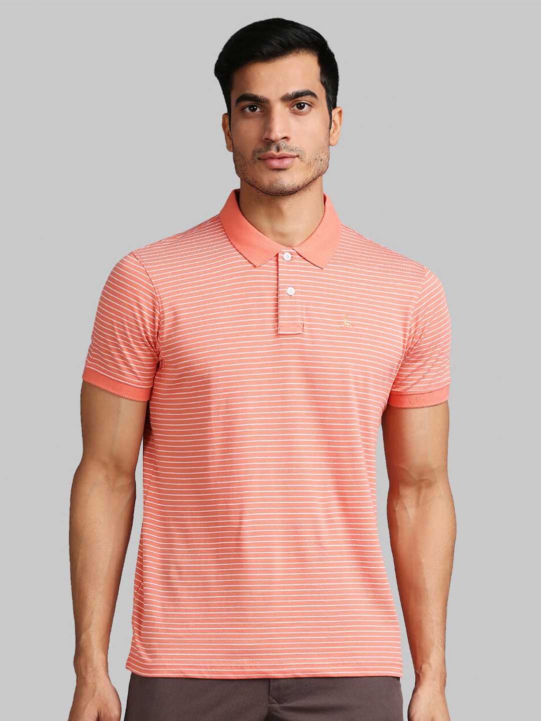 

Parx Men Orange & White Striped Polo Collar Cotton T-shirt
