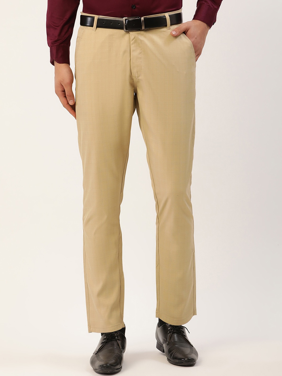 

JAINISH Men Beige Smart Slim Fit Checked Easy Wash Pure Cotton Formal Trousers