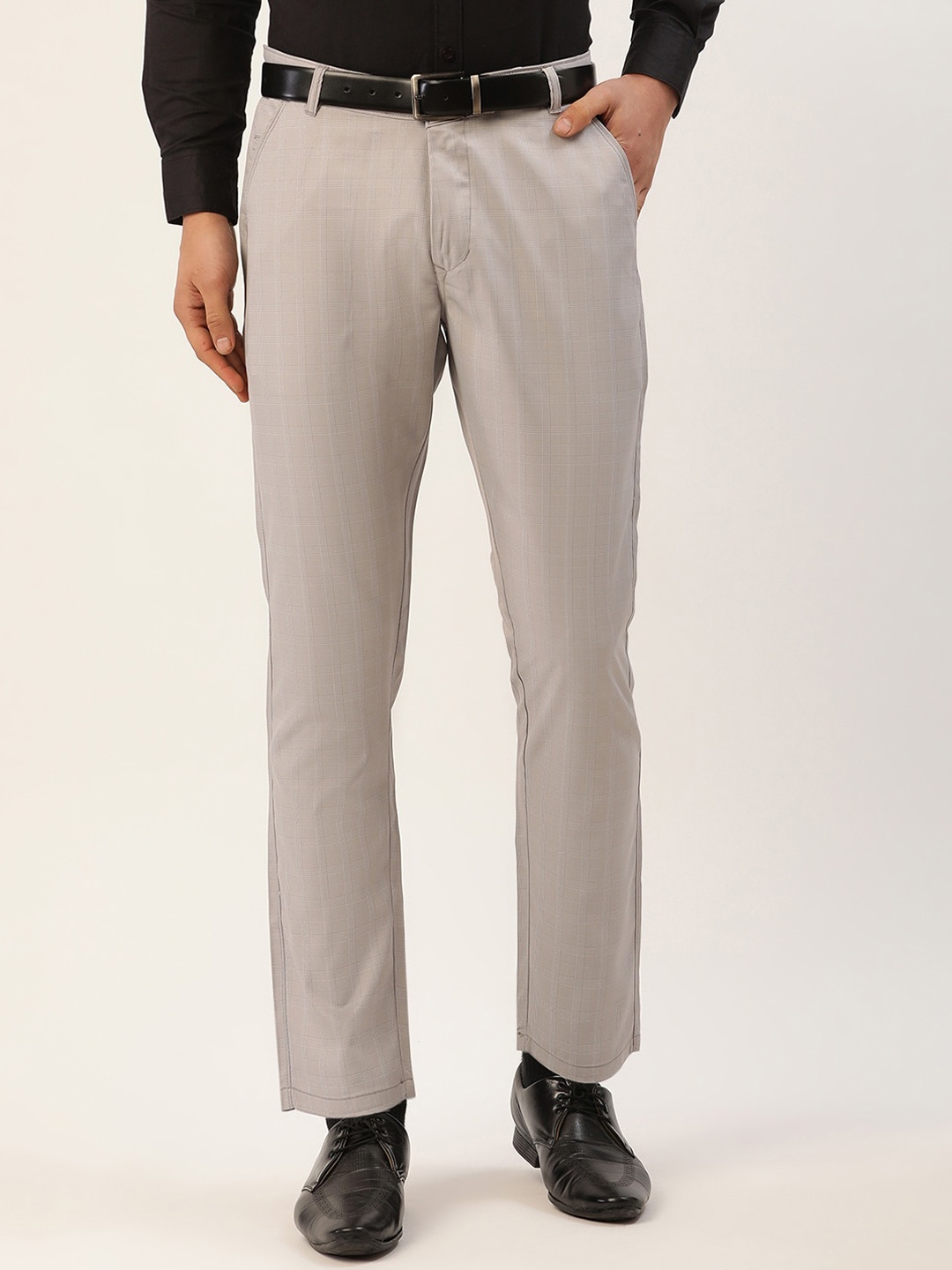 

JAINISH Men Grey Textured Checked Smart Slim Fit Pure Cotton Easy Wash Trousers