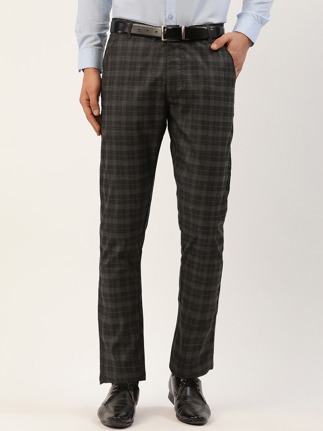 

JAINISH Men Black Checked Smart Slim Fit Easy Wash Trousers