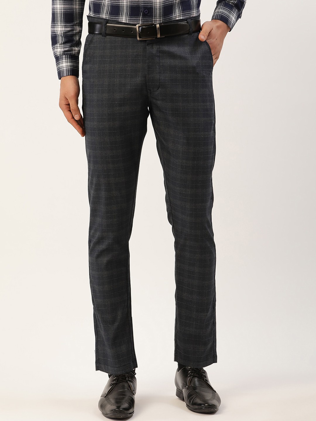 

JAINISH Men Black Checked Smart Slim Fit Easy Wash Trousers