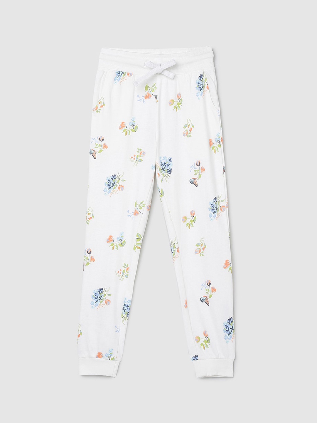 

max Girls White Floral Printed Pure Cotton Joggers