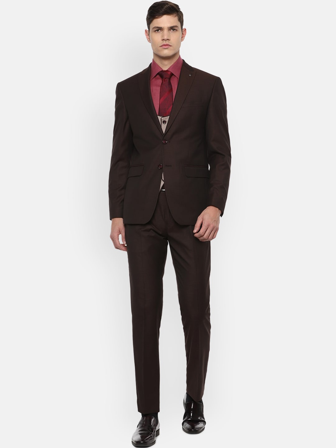 

Louis Philippe Men Maroon & Grey Single-Breasted 3-Piece Slim-Fit Formal Suits