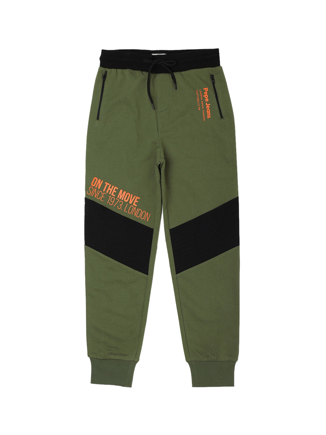 

Pepe Jeans Boys Olive Green & Black Colourblocked Pure Cotton Joggers