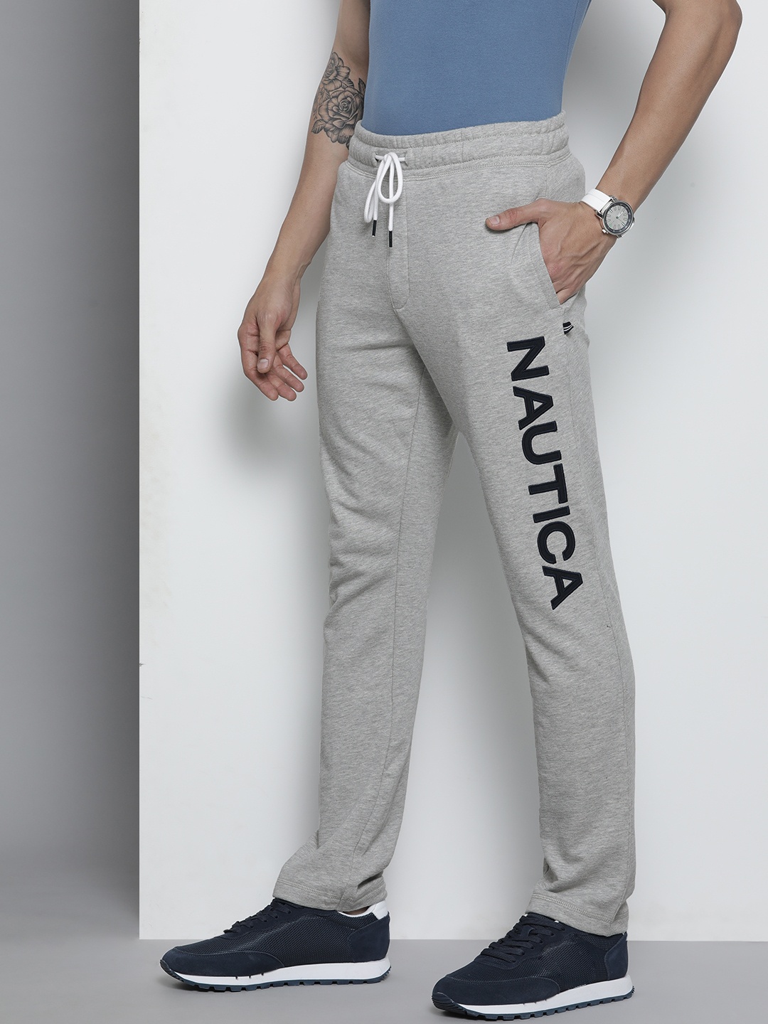 

Nautica Men Grey Melange Solid Knitted Track Pants with Brand Logo Print Detail