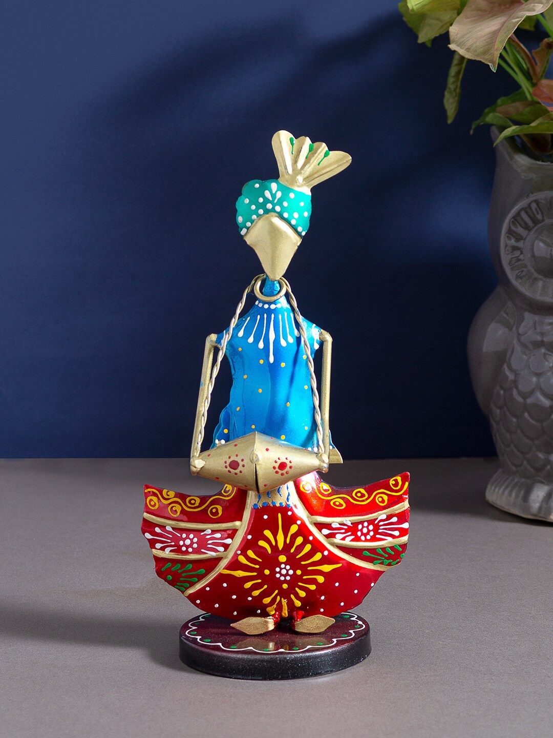 

Golden Peacock Blue & Red Handcrafted Musician Figurine Decorative Showpiece, Multi