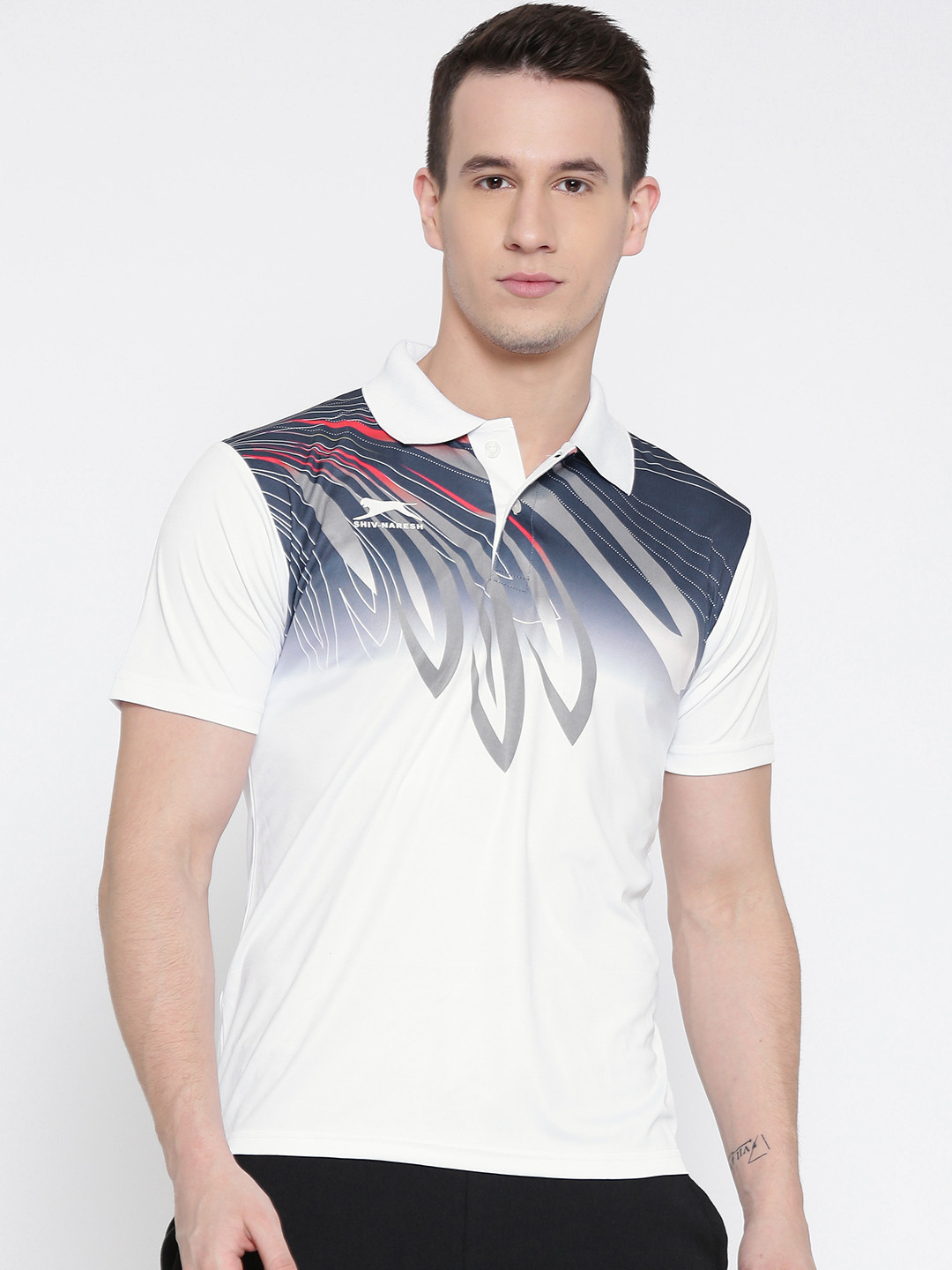 

Shiv Naresh Men White Printed Polo Collar T-shirt