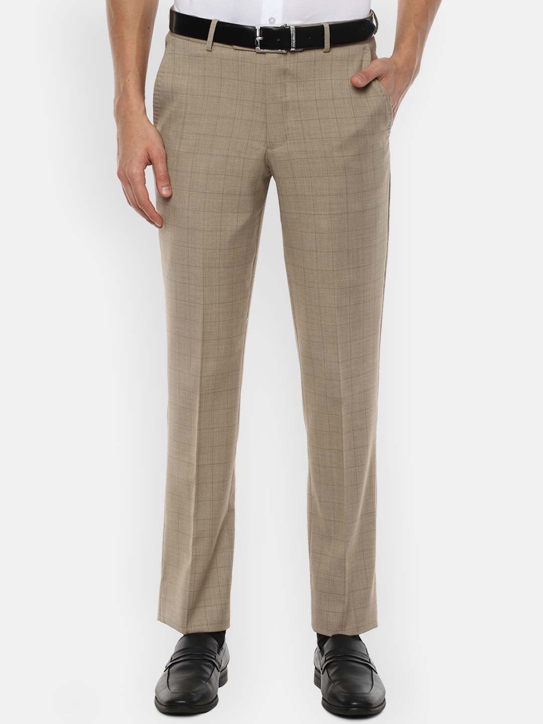 

Louis Philippe Men Beige Checked Slim Fit Formal Trousers