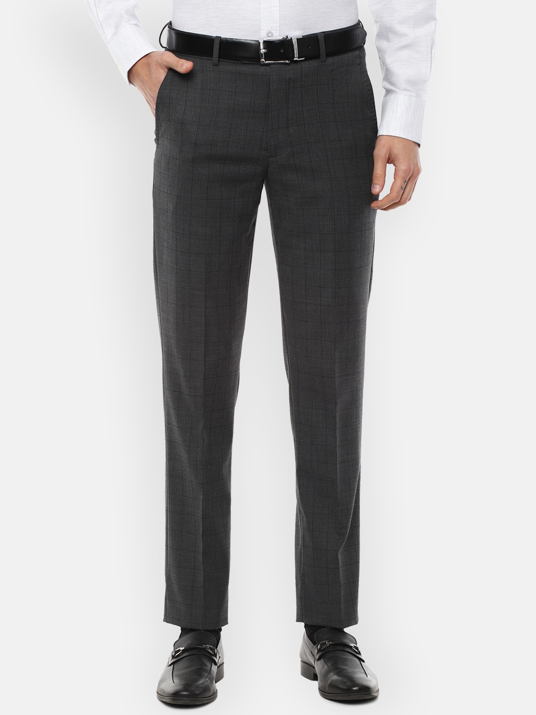 

Louis Philippe Men Grey Checked Slim Fit Trousers