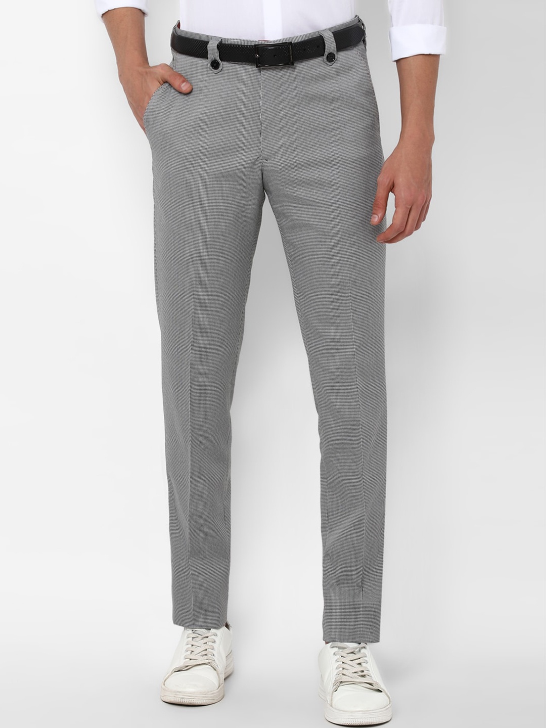 

SIMON CARTER LONDON Men Grey Textured Slim Fit Cotton Trousers