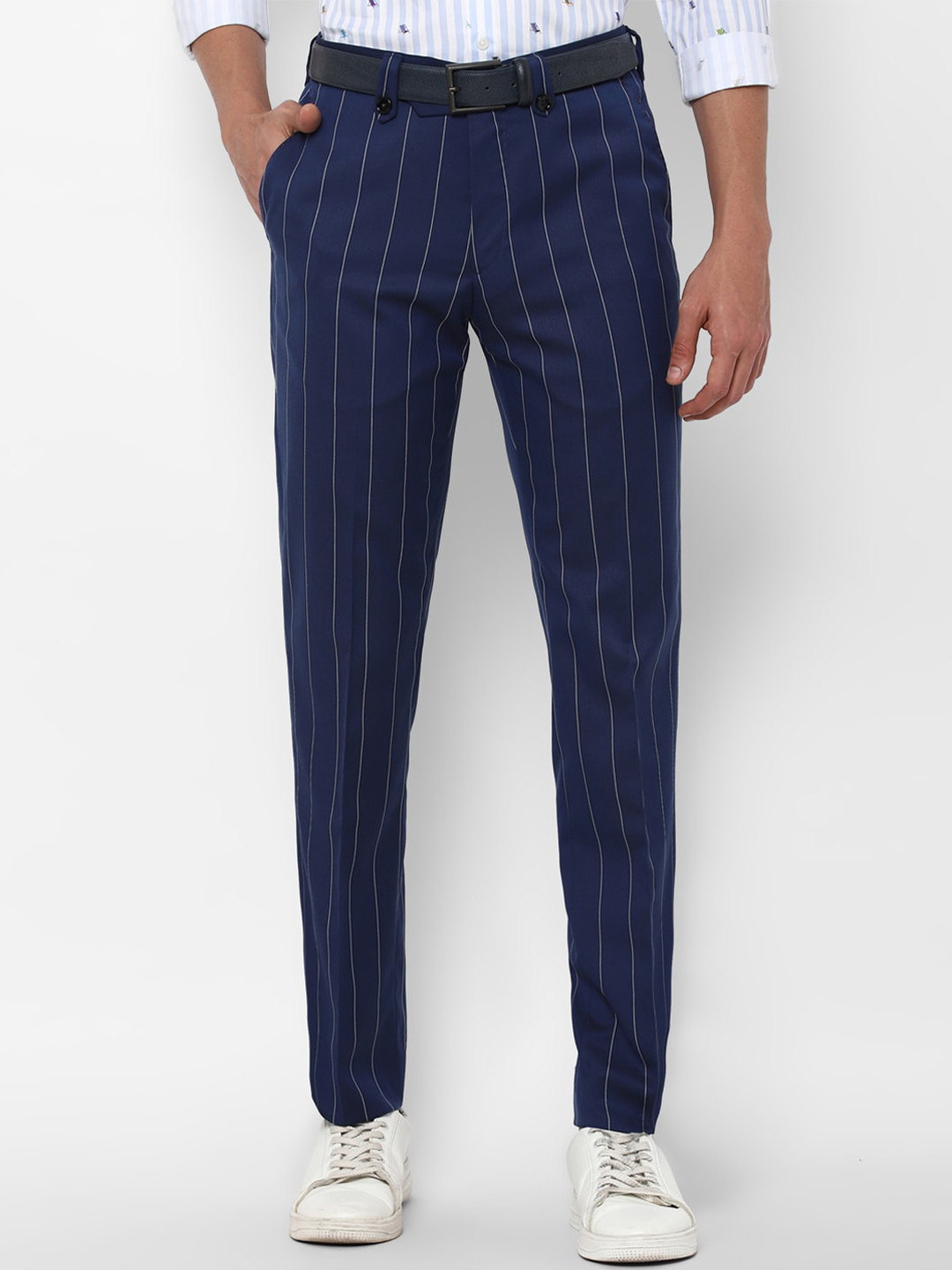 

SIMON CARTER LONDON Men Navy Blue Striped Slim Fit Trousers