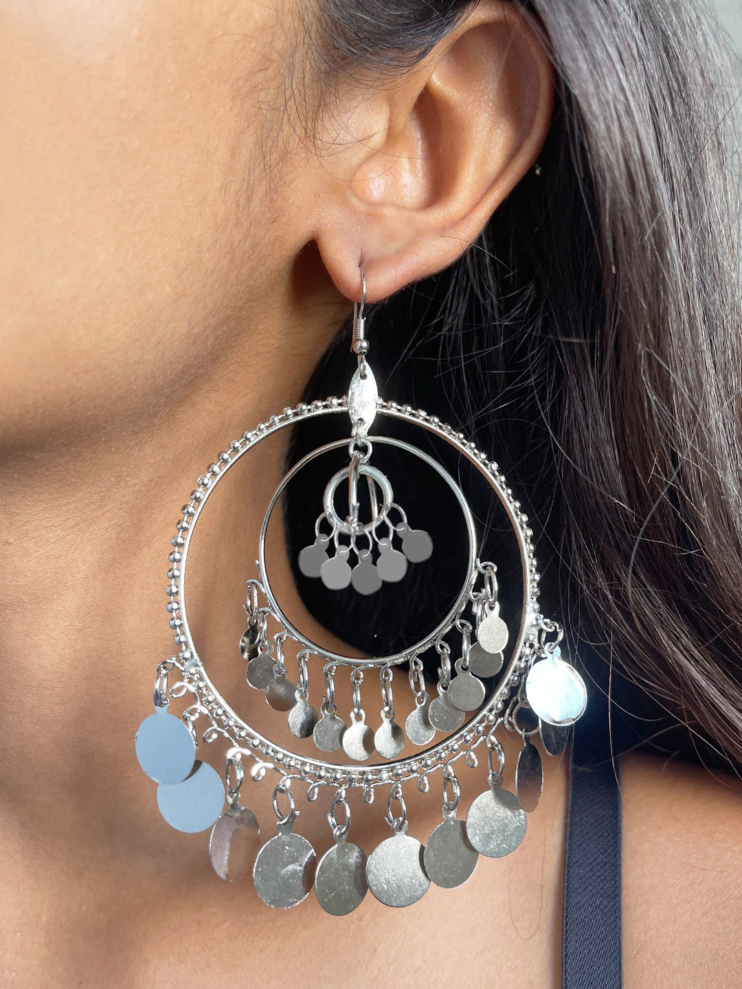 

Ayesha Silver-Toned Handcrafted Ethnic Circular Hook Drop Earrings