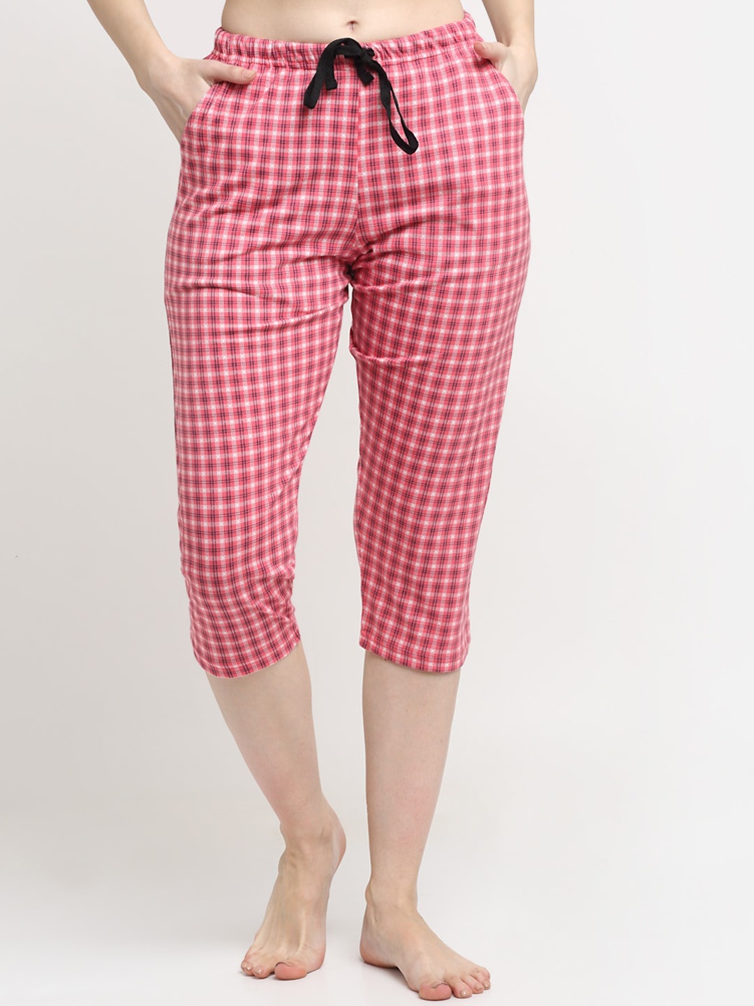 

Kanvin Women Pink & White Checked Pure Cotton Lounge Pants