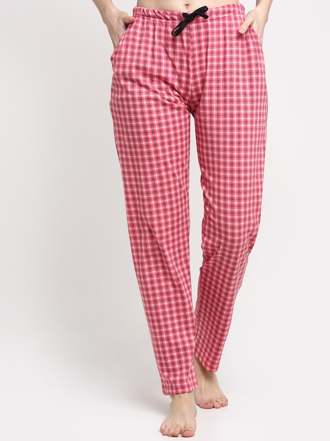 

Kanvin Women Pink & White Checked Pure Cotton Lounge Pants