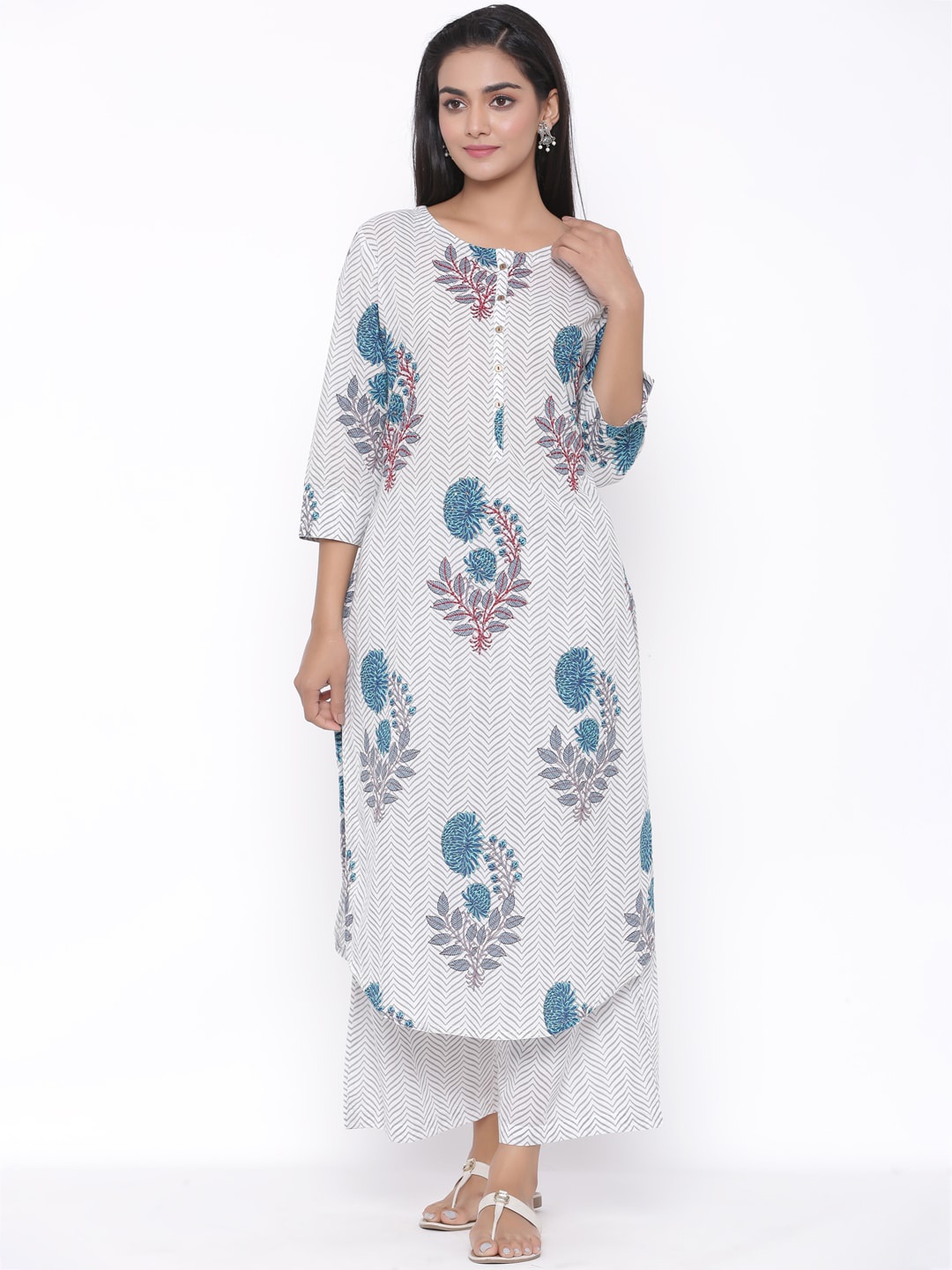 

fabGLOBAL Women White & Blue Floral Printed Pure Cotton Kurta With Palazzos