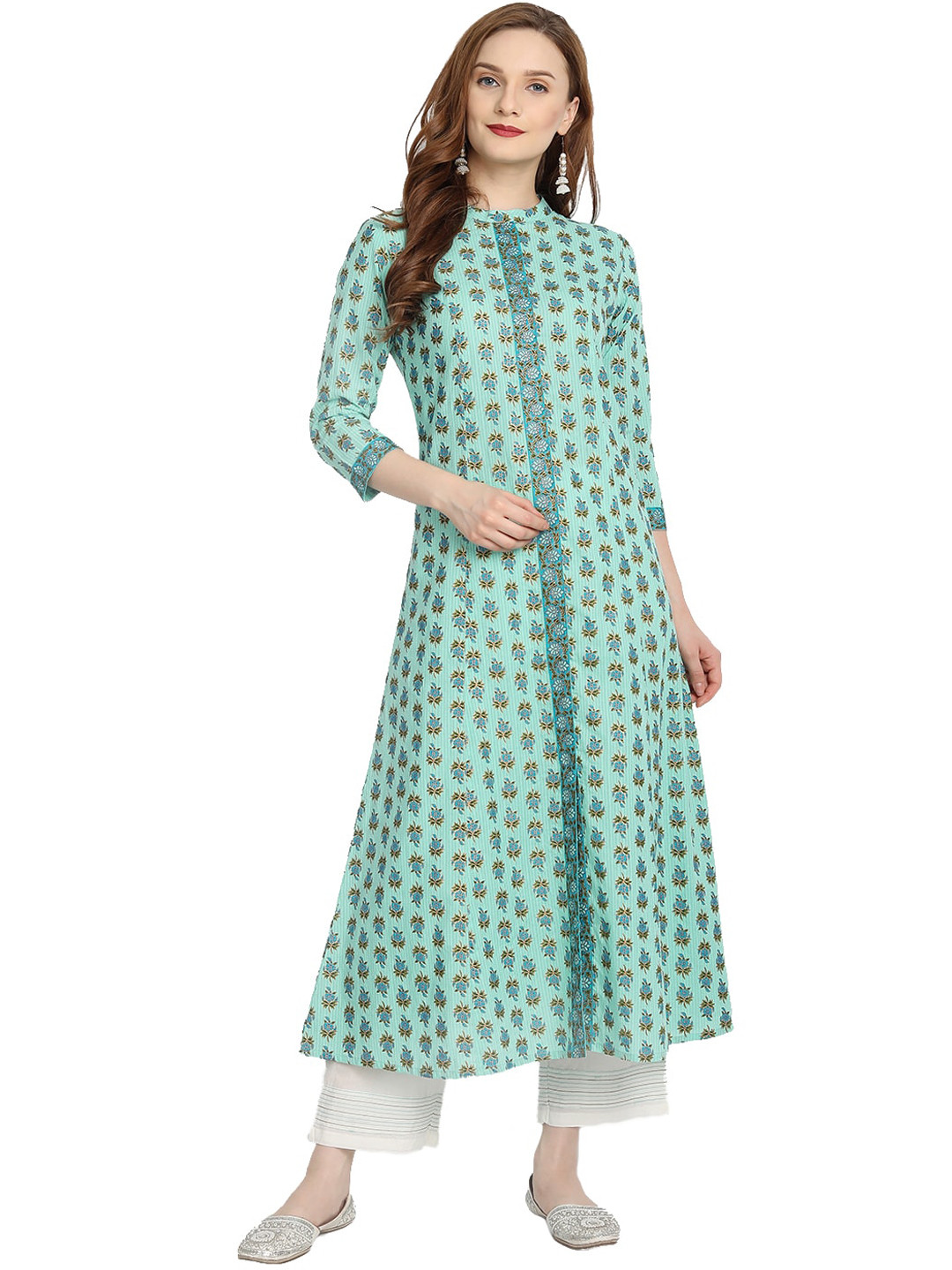 

fabGLOBAL Women Blue Paisley Printed Pure Cotton Kurta with Trousers