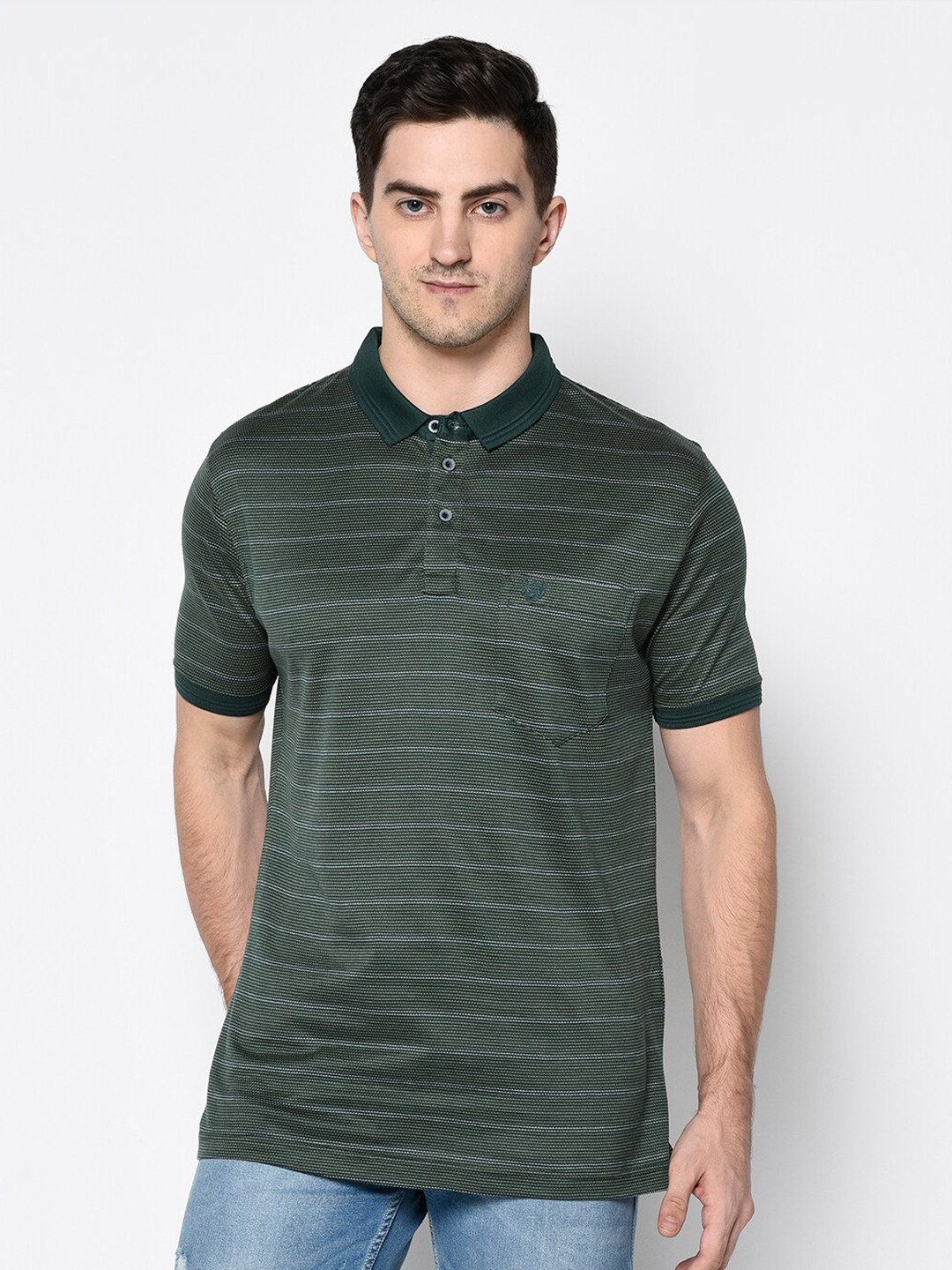

Duke Men Green Striped Polo Collar T-shirt