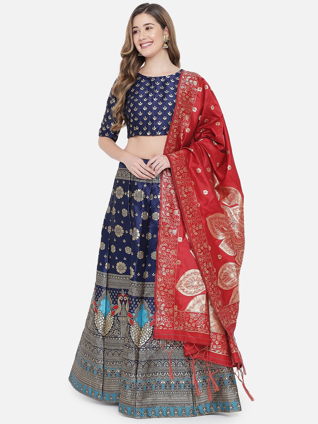 

DIVASTRI Navy Blue & Red Ready to Wear Lehenga & Unstitched Blouse With Dupatta