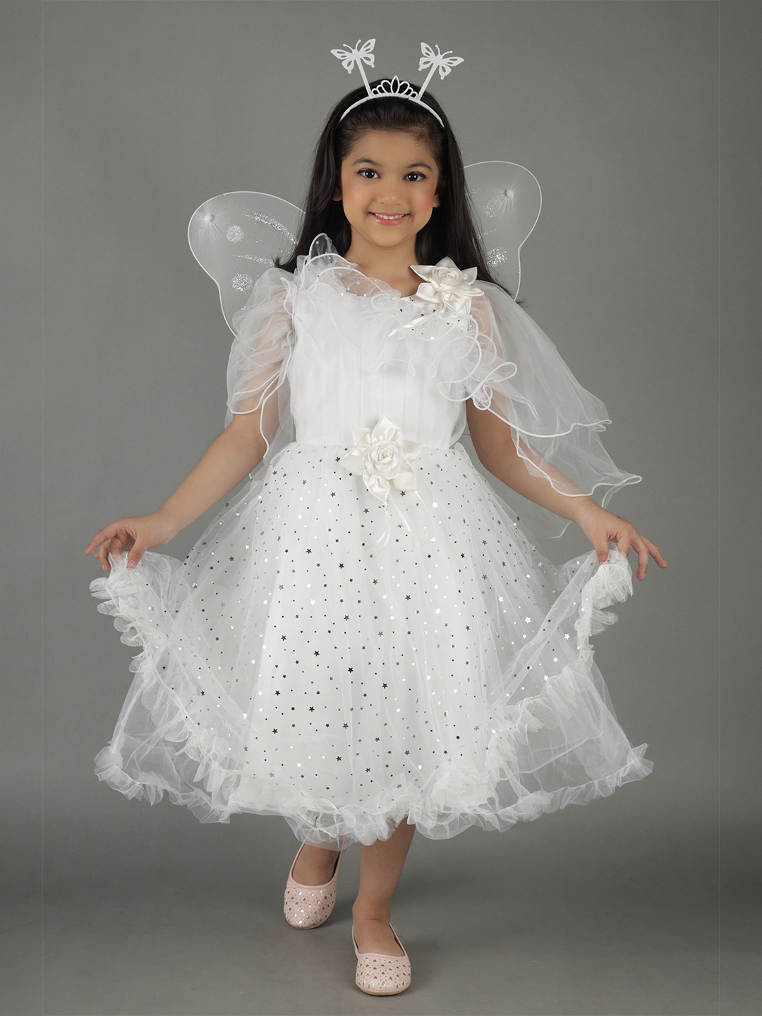 

ahhaaaa Girls White Self Design Cotton Midi Dress With Fairy Wing Stick & Head Band