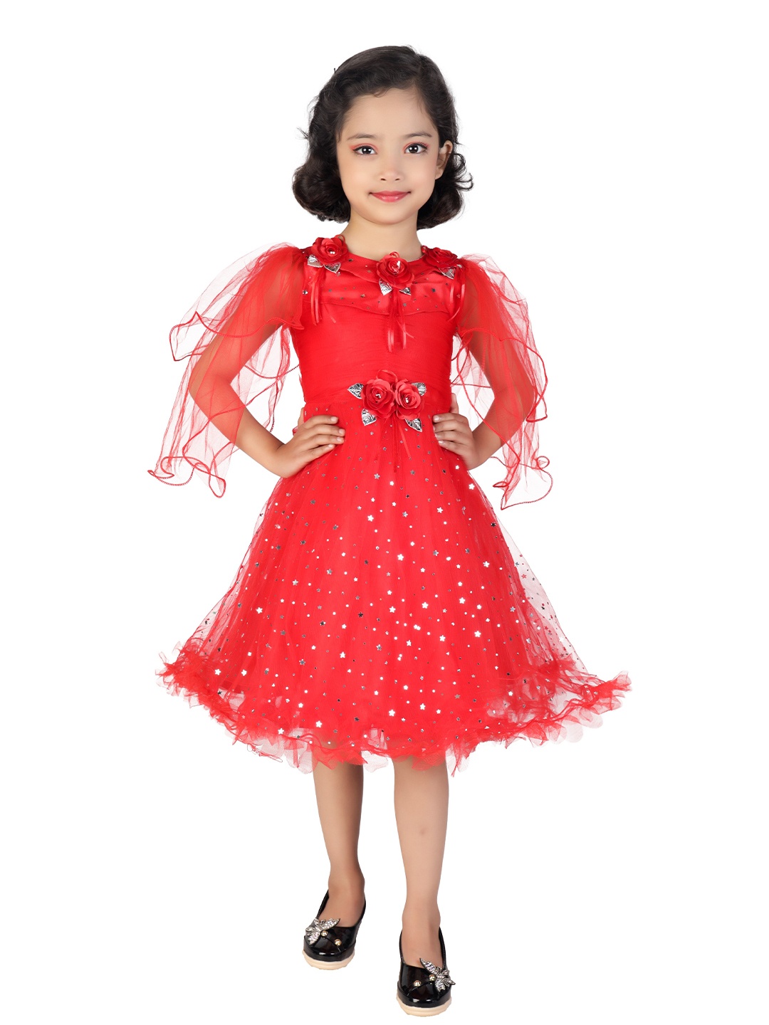 

ahhaaaa Girls Red Floral Embellished Dress With Fairy Wing Stick & Head Band