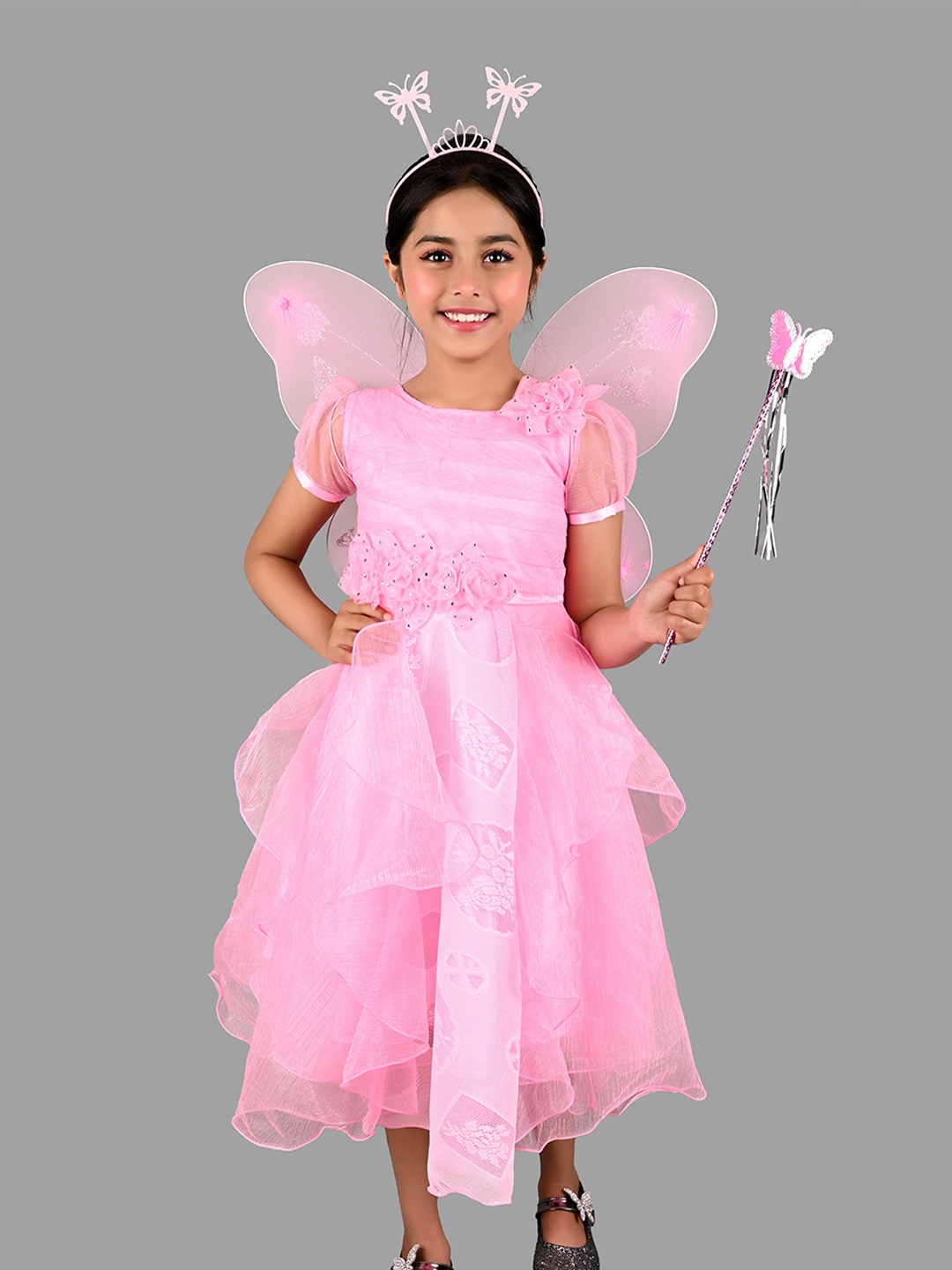 

ahhaaaa Pink Embellished Embroidered Cotton Dress With Fairy Wing Stick & Head Band