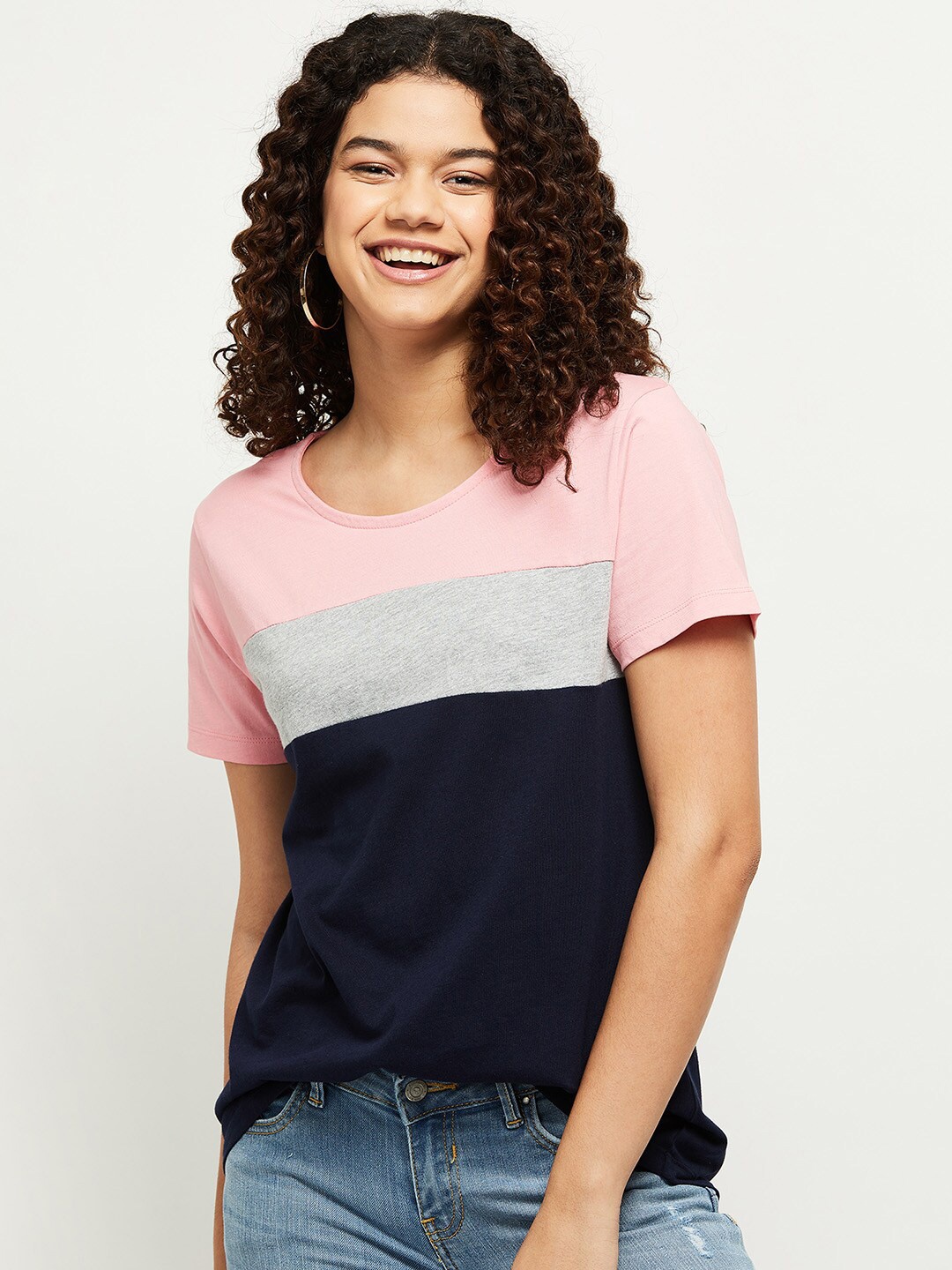 

max Women Pink Colourblocked Cotton T-shirt