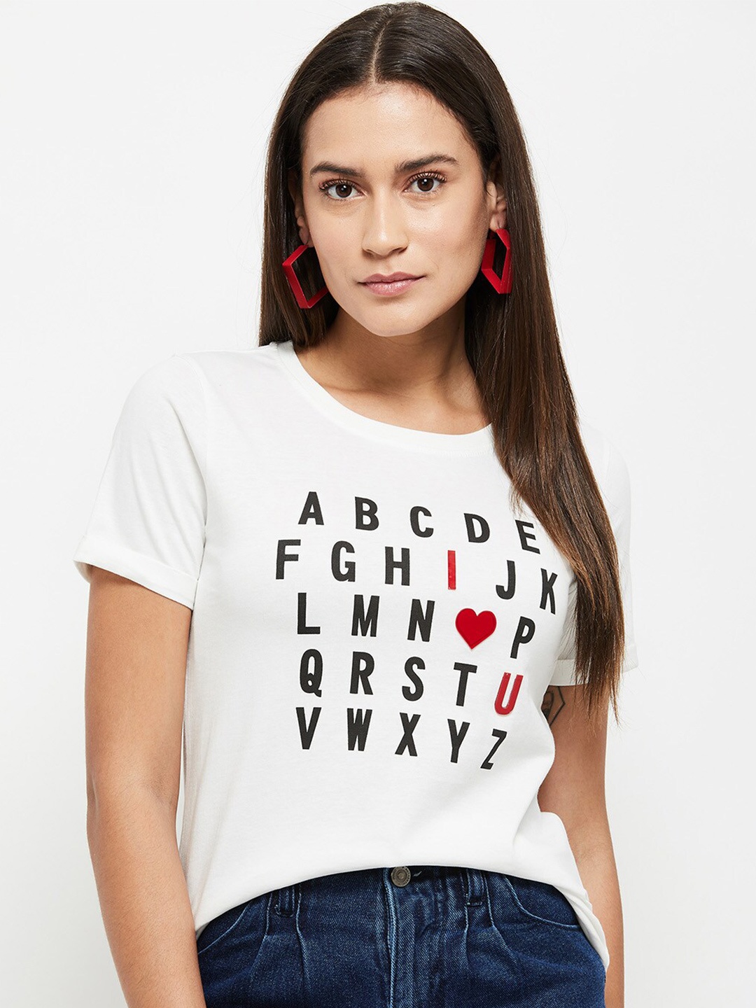 

max Women White & Black Typography Printed Pure Cotton T-shirt