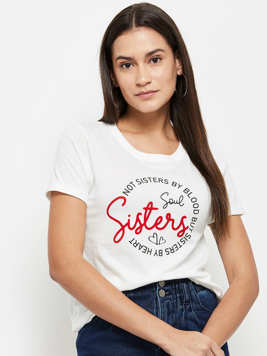 

max Women White Typography Printed T-shirt