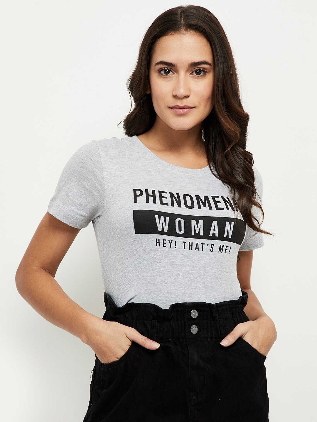 

max Women Grey & Black Typography Printed Pure Cotton T-shirt