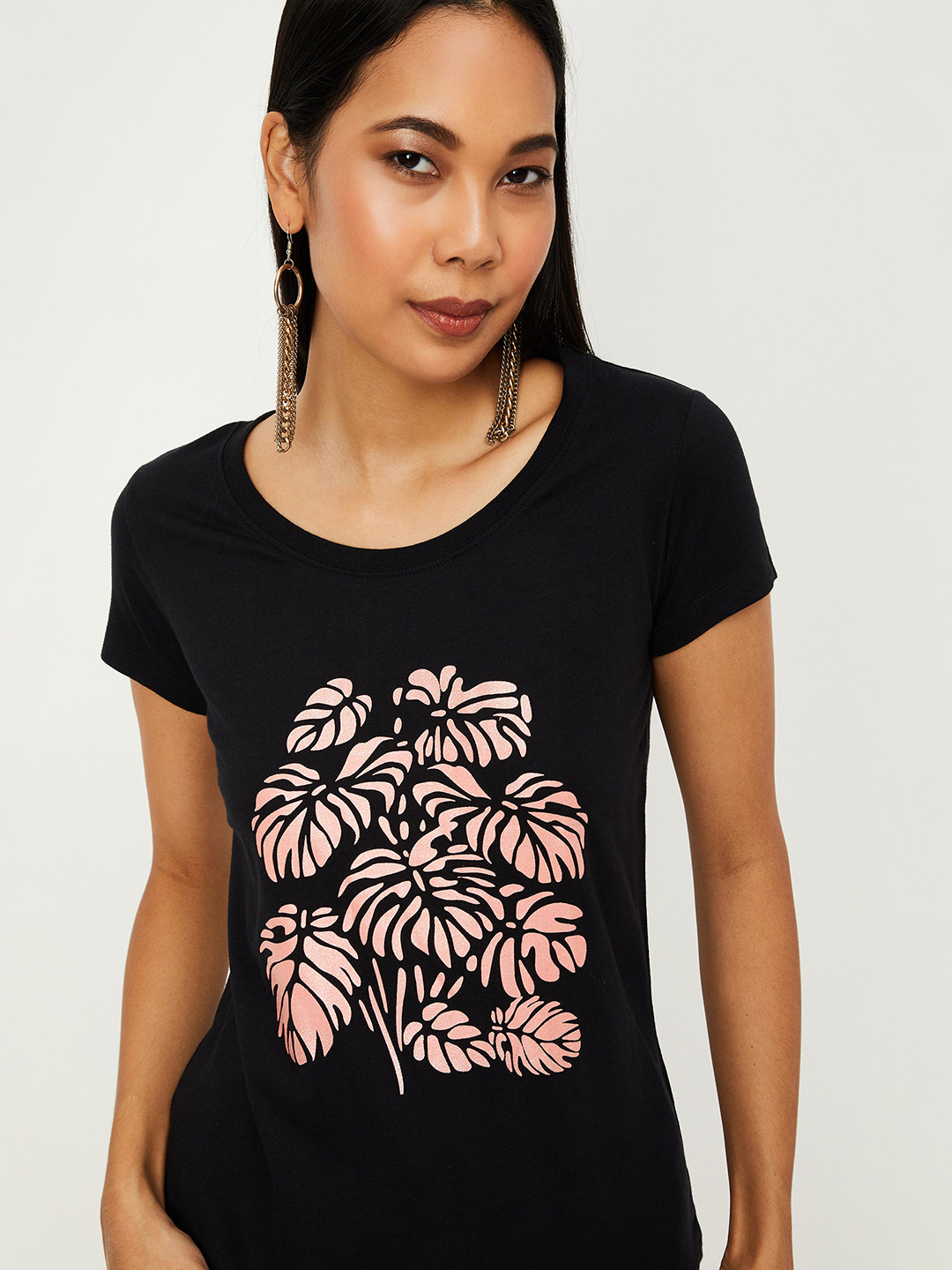 

max Women Black & Mauve Printed Pure Cotton T-shirt
