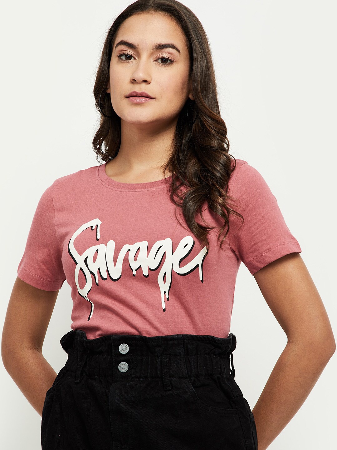 max Women Pink Typography Printed T-shirt