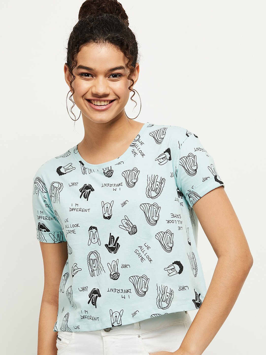 

max Women Sea Green & Black Printed Pure Cotton T-shirt