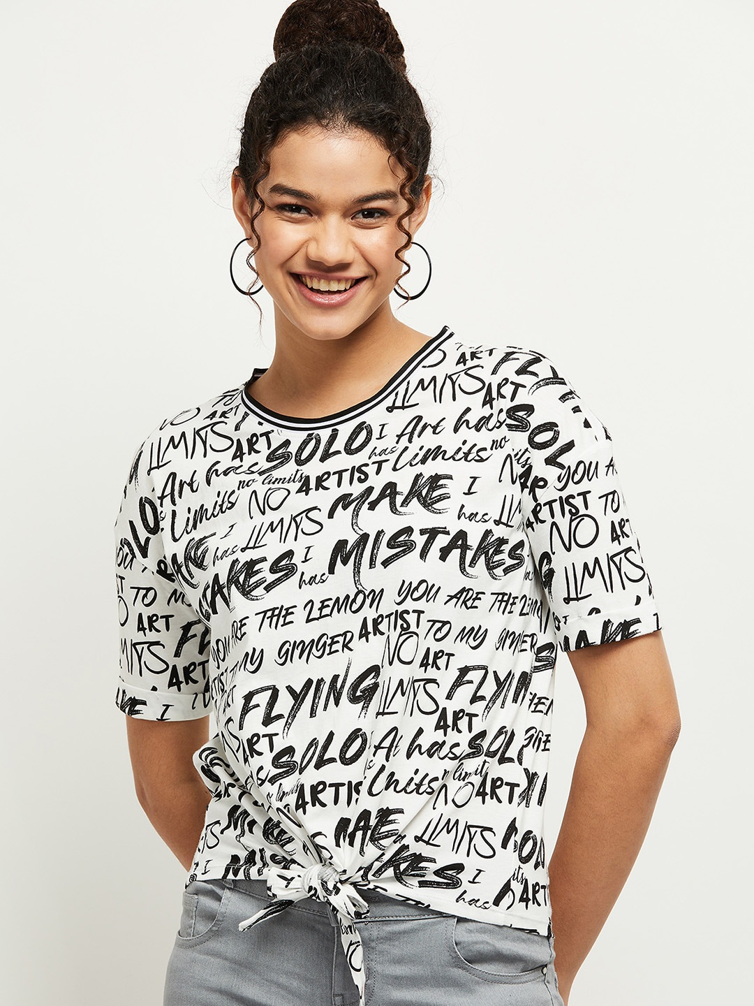 

max Women White Typography Printed Regular Fit T-shirt