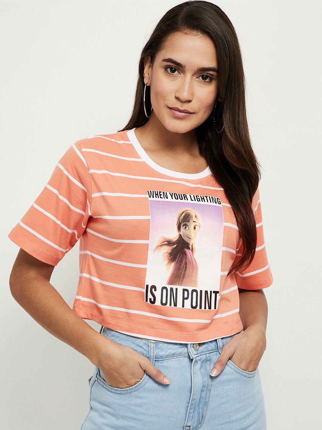 

max Women Peach-Coloured Printed Crop T-shirt