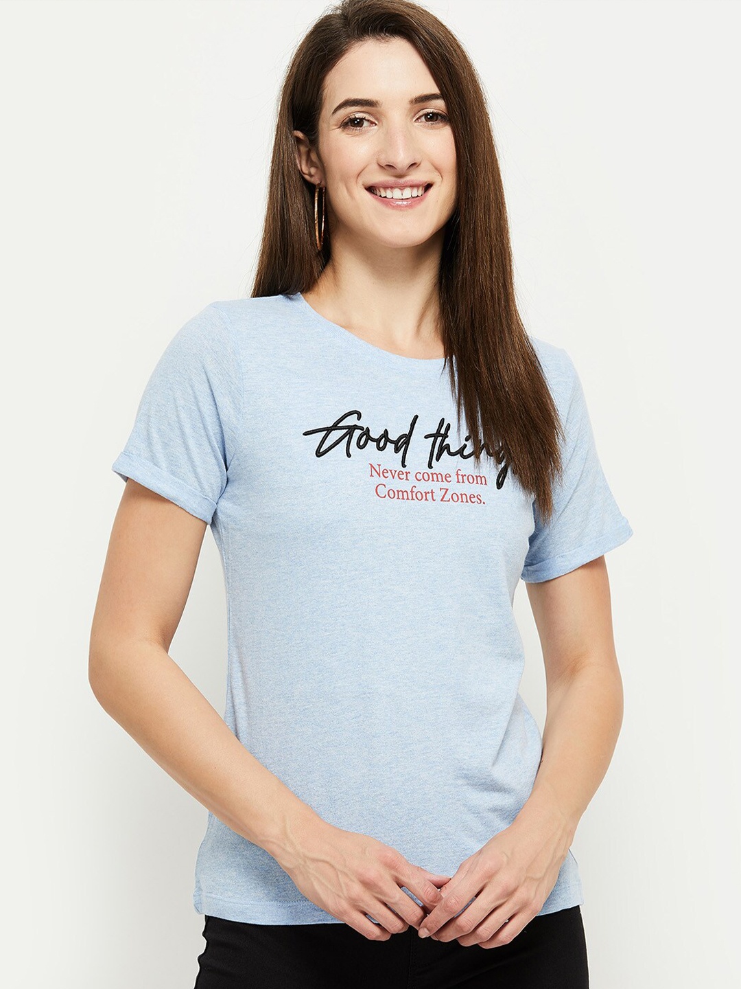 

max Women Blue Typography Printed Extended Sleeves T-shirt