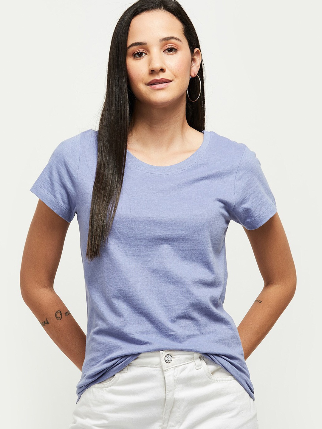 

max Women Blue Solid Pure Cotton T-shirt