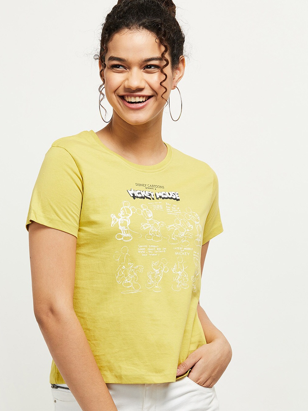 

max Women Mustard Yellow Mickey Mouse Printed T-shirt