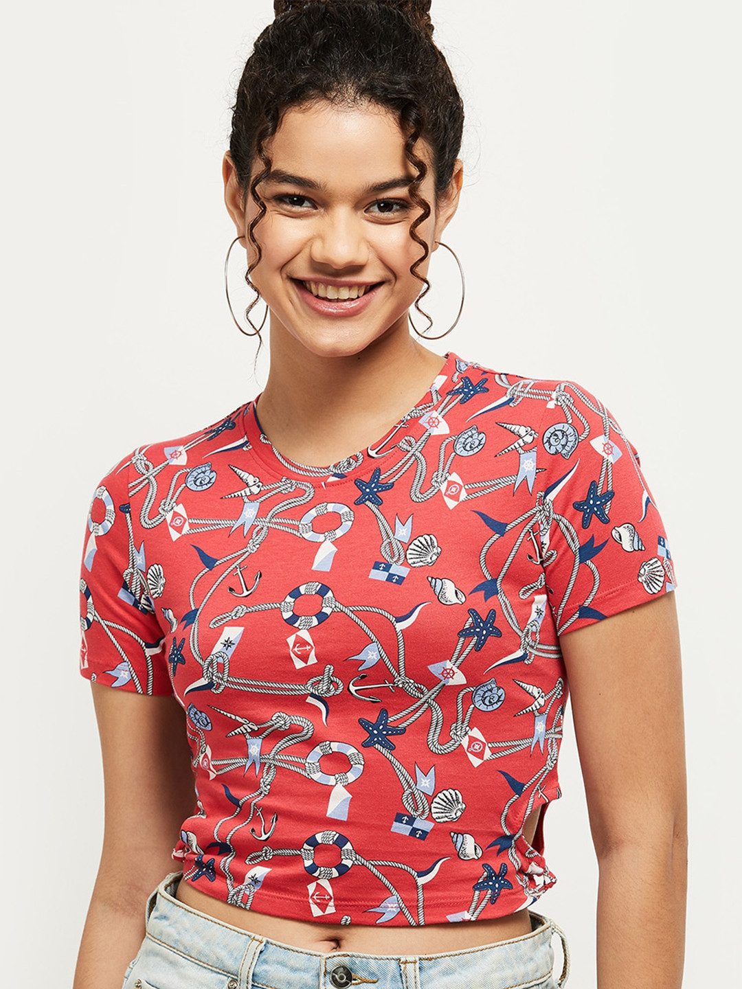 

max Women Pink Printed Crop T-shirt