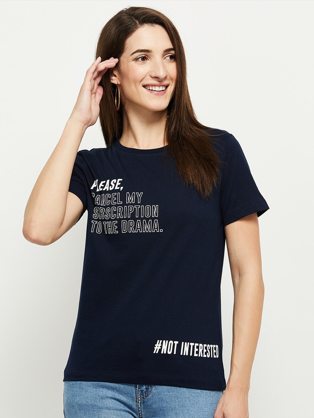 

max Women Navy Blue & White Typography Printed Pure Cotton T-shirt