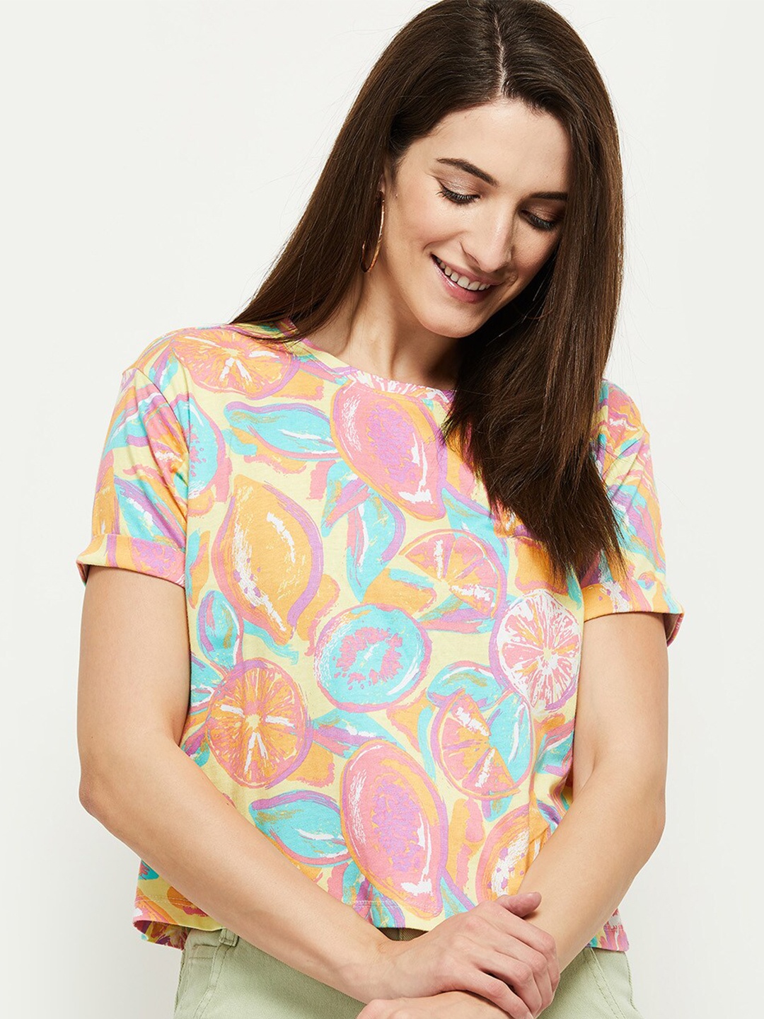 

max Women Orange & Pink Printed Tropical T-shirt